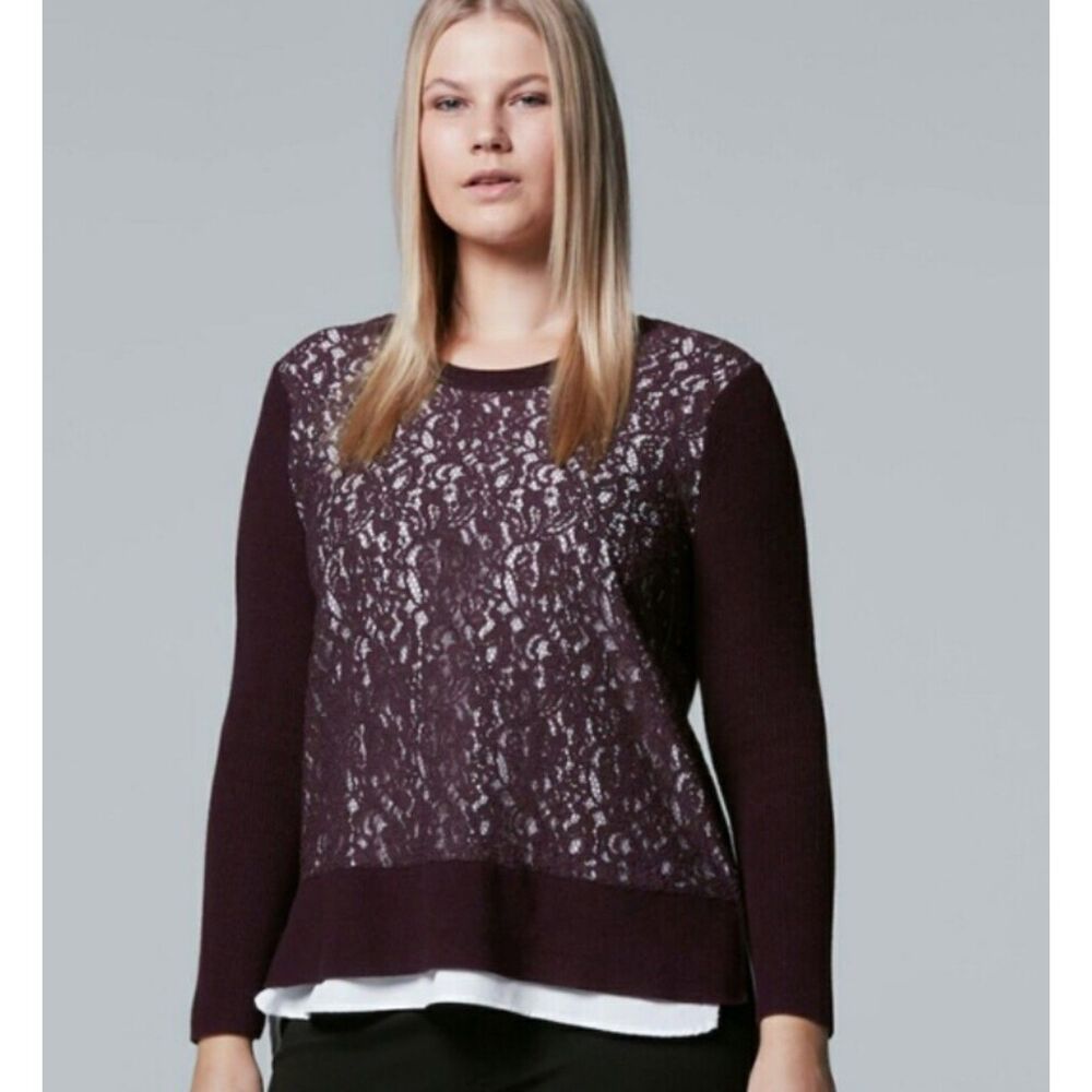 SIMPLY VERA VERA WANG Sz 1X Stretchy Layer Look Lightweight Lace Front Sweater